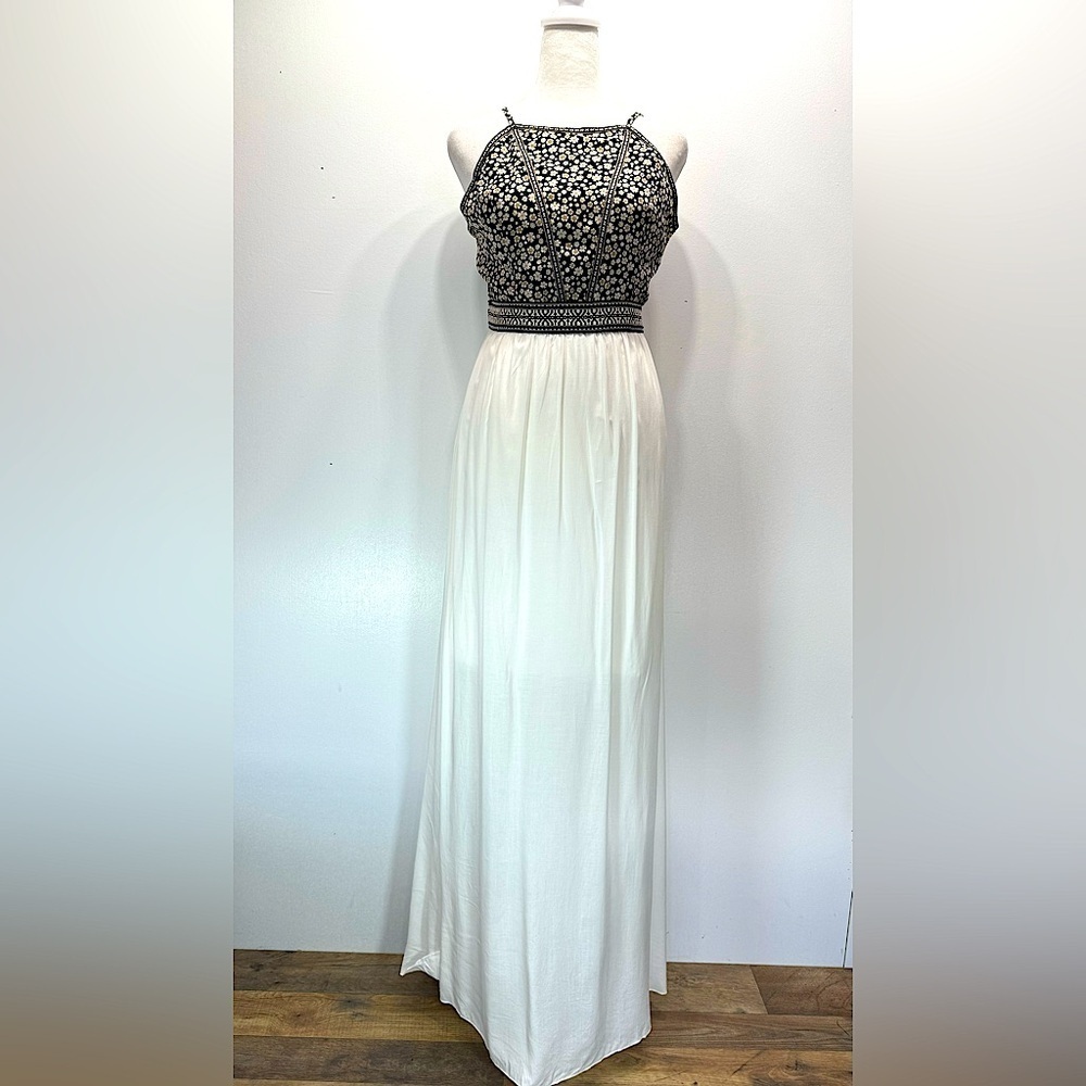 Soiéblu Maxi Dress Open Back ModCloth Cream with Black & Beige Flowered Bodice